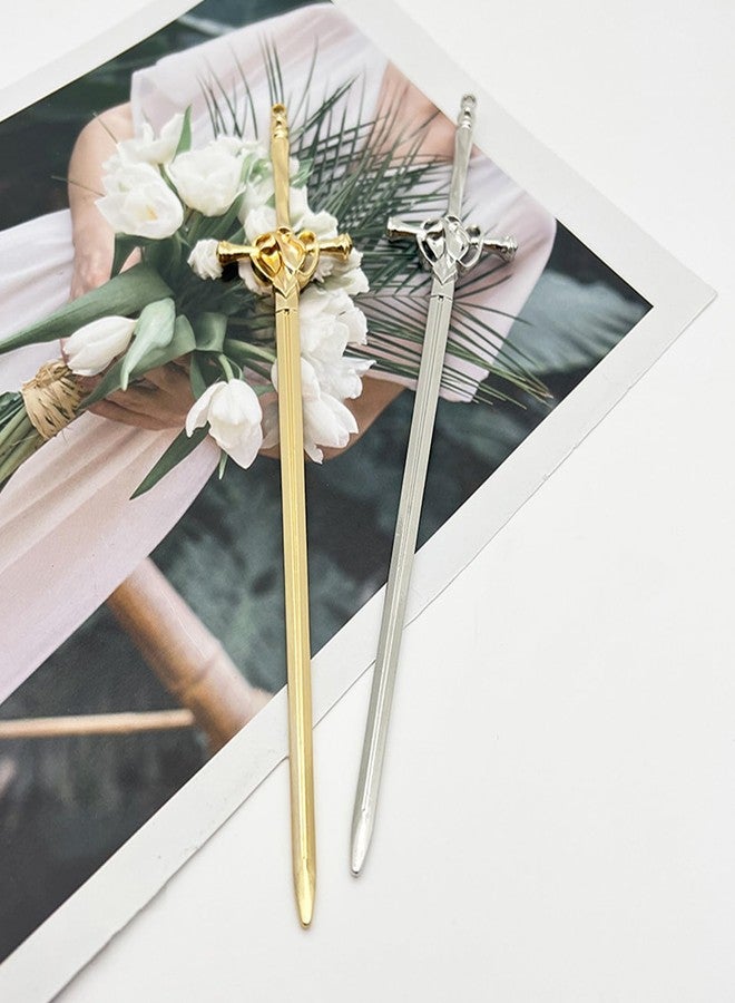 LINYUEARUI 2PCS Hair Sticks for Buns,Hair Chopsticks,Sword Hair Pin,for Vintage Hair,Renaissance Chinese Hair Accessories,Metal Sword Hair Pins,Ancient Style Sword Hair Chopstick LINYUEARUI-Gold&Silver - Image 2